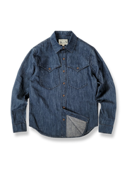 コットンとリネンの混紡生地にウォッシュ加工を施したデニム長袖シャツ