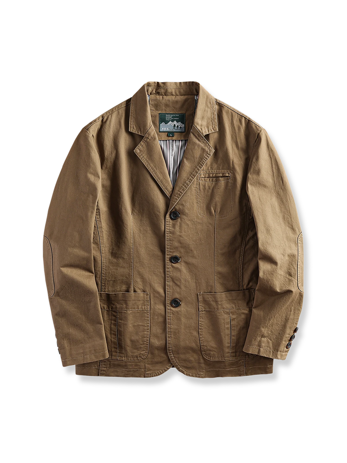 純コットン素材のテーラードジャケットの全体と樹脂ボタンのディテールを写した写真