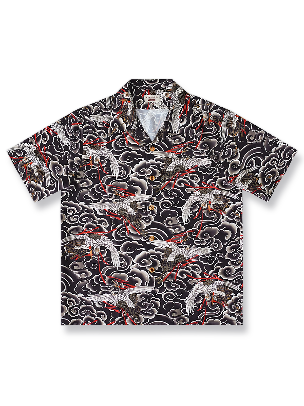 鶴の和柄 半袖ハワイアンシャツ。