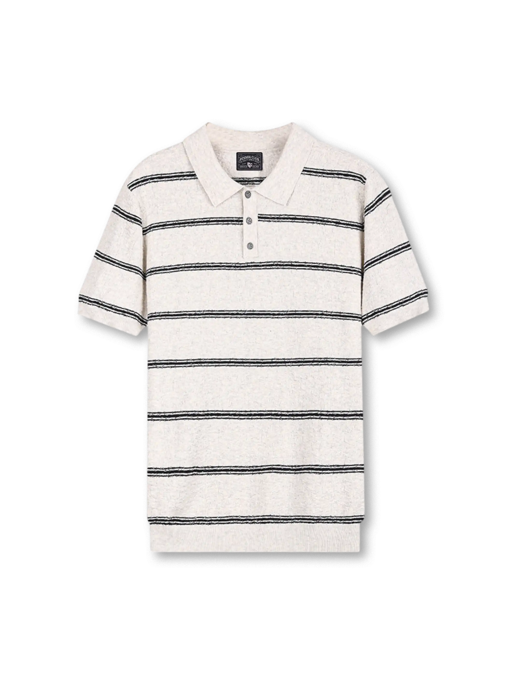 クリンクル加工のストライプとアイスシルク素材が映えるポロシャツ