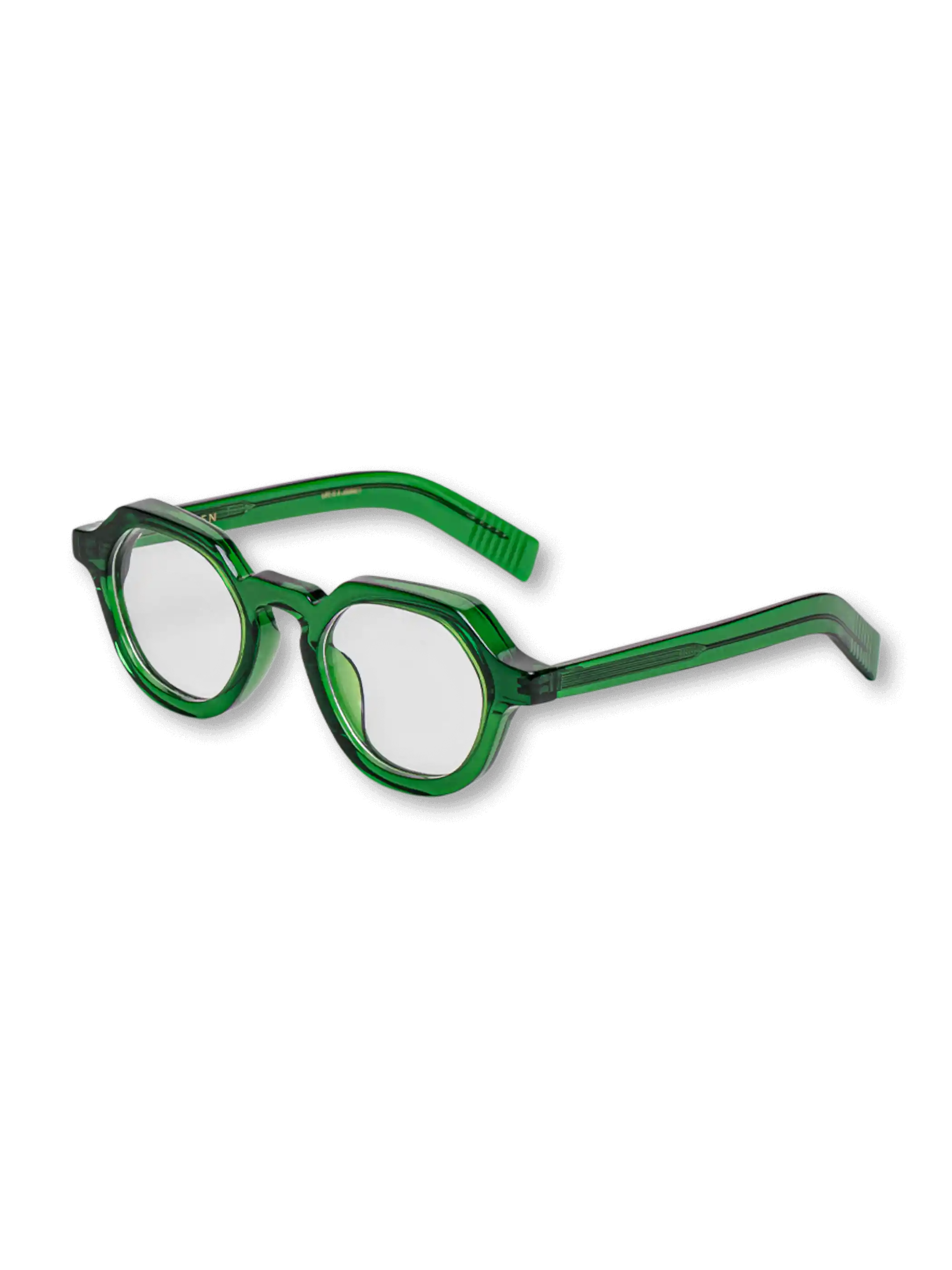 クラウンパント型のアセテート製ヴィンテージメガネフレーム。金色ロゴと滑り止めギザ加工が特徴。