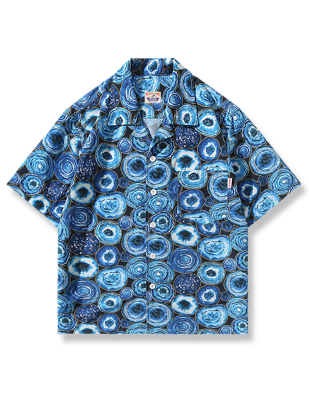 キューバカラー ブルー円模様半袖アロハシャツ、ヴィンテージ風デザイン、ルーズフィット、通気性ポリエステル素材