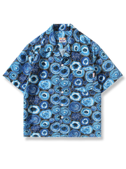 キューバカラー ブルー円模様半袖アロハシャツ、ヴィンテージ風デザイン、ルーズフィット、通気性ポリエステル素材
