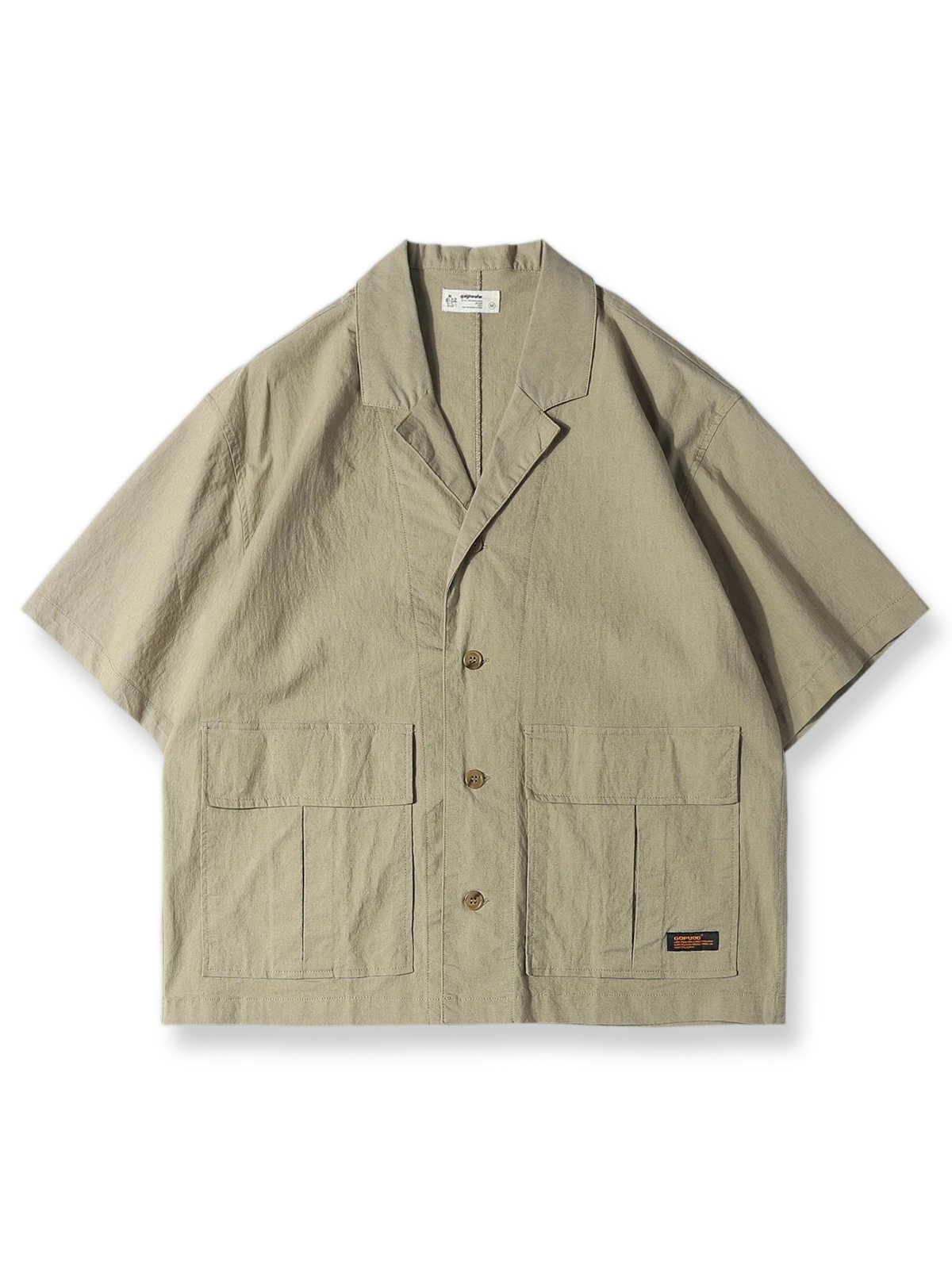 キューバンカラーとダブルポケットを備えたワーク半袖シャツ