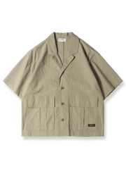 キューバンカラーとダブルポケットを備えたワーク半袖シャツ