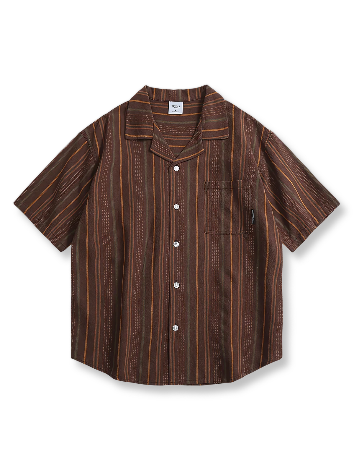 キューバカラーと縦ストライプ柄の半袖シャツ