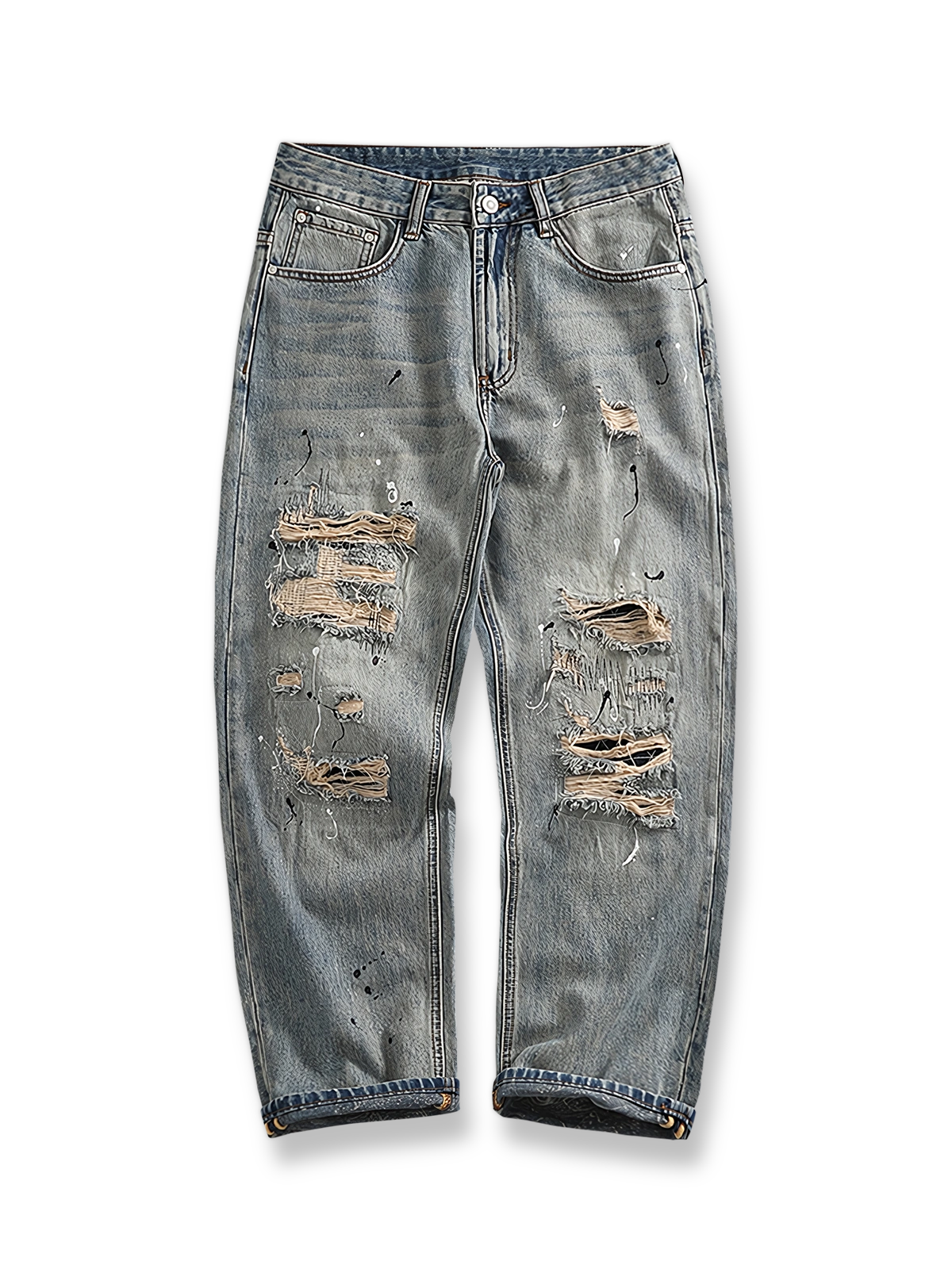 ダメージ加工とパッチワークリペアが特徴のコットンデニムパンツ。