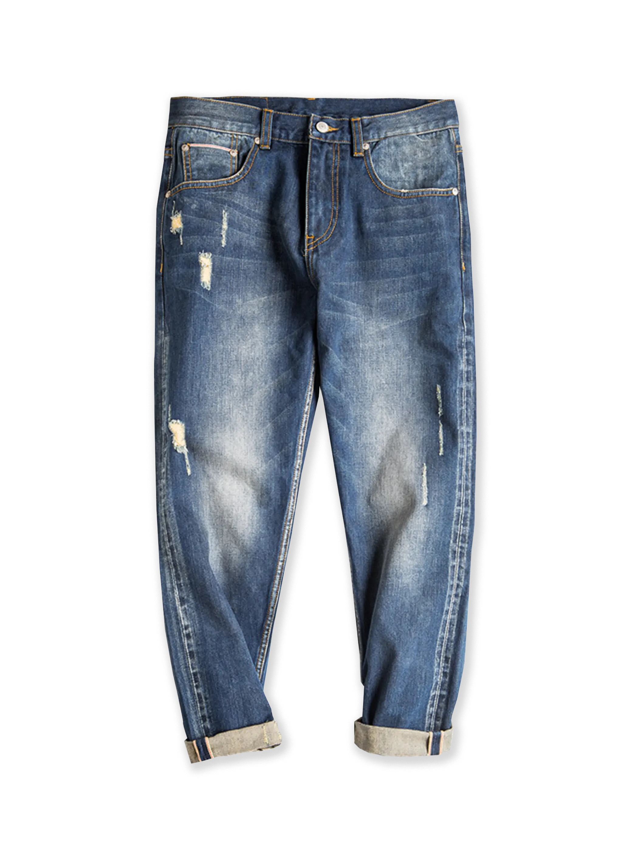 ダメージ加工とウォッシュ加工を施した赤耳セルビッジデニムパンツ。細身のストレートシルエットで九分丈デザイン。経年変化と多彩なスタイリングに対応。