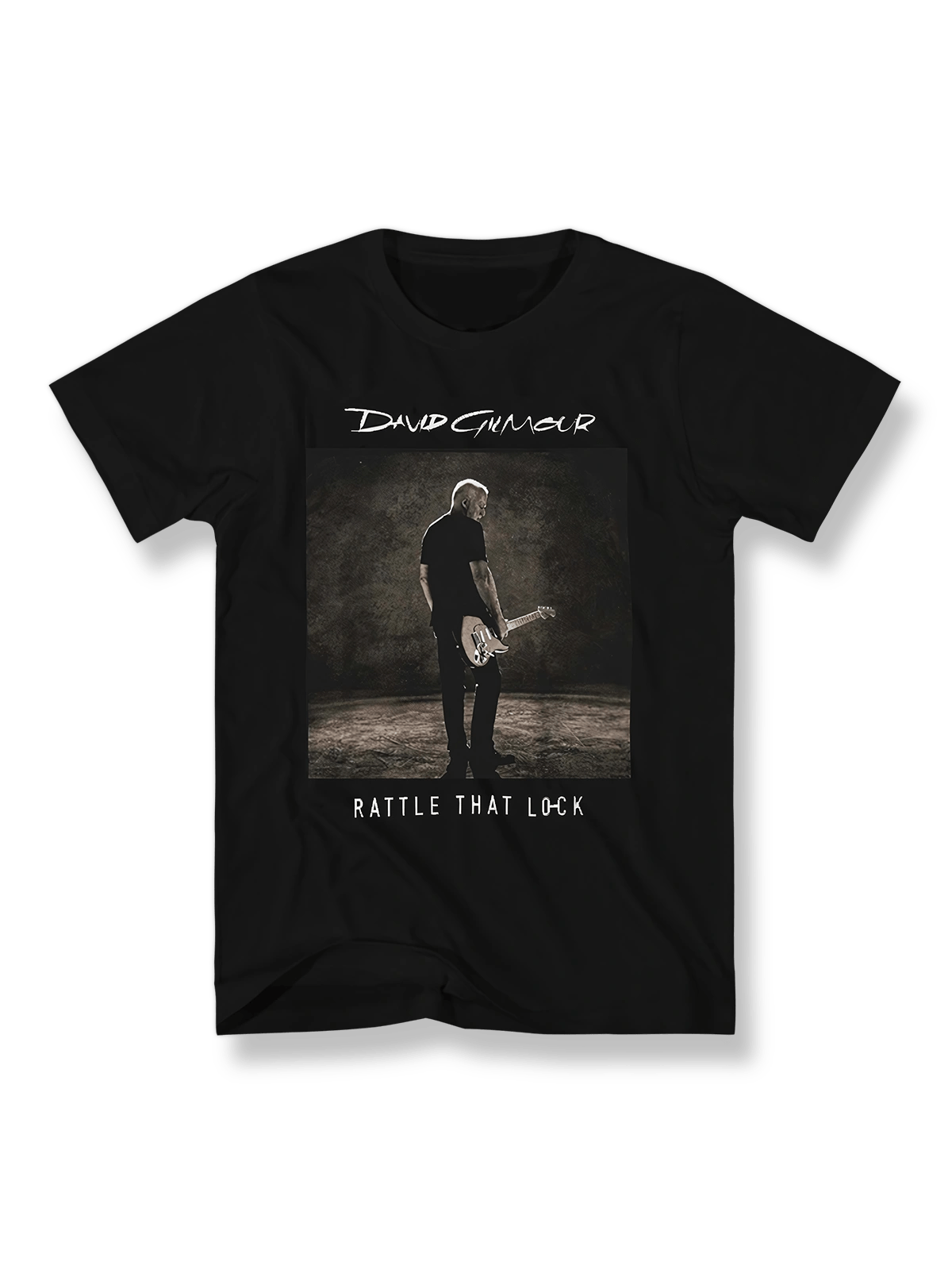 デヴィッド・ギルモアが背を向けてギターを演奏するアートワークのTシャツ、Rattle That Lock記念Tシャツ