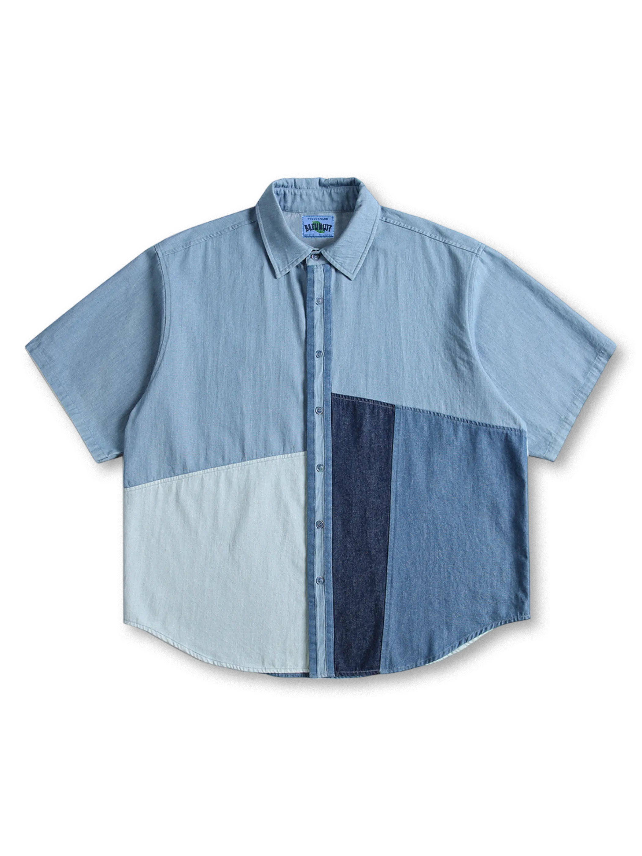 三種のデニムパネルを斜めに切り替えたショートスリーブシャツ