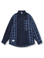 デニムとチェック柄のパッチワークが特徴のレギュラーフィット長袖シャツ。