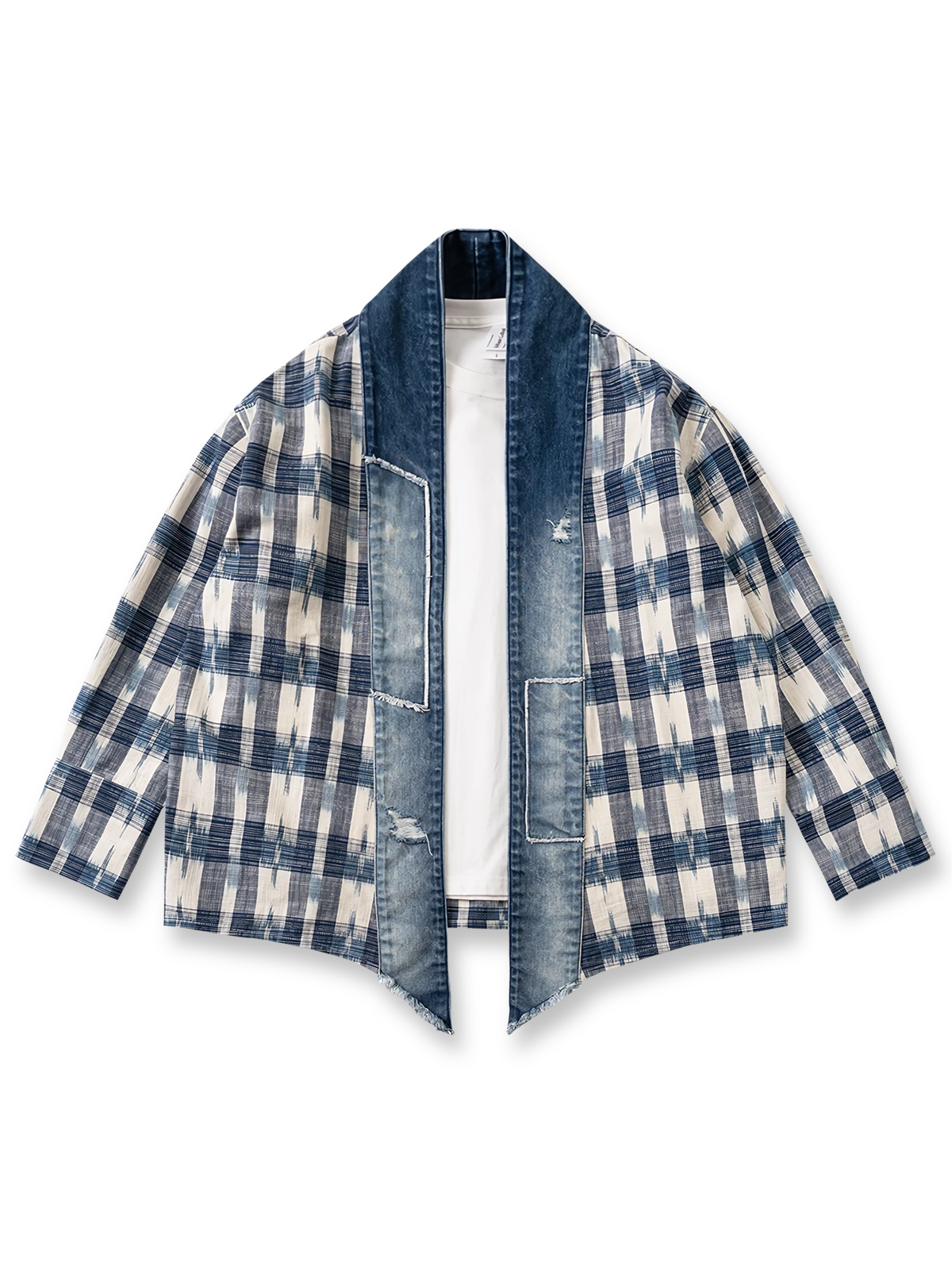 デニムパッチワークとチェック柄を組み合わせた竹節編み素材のはんてん