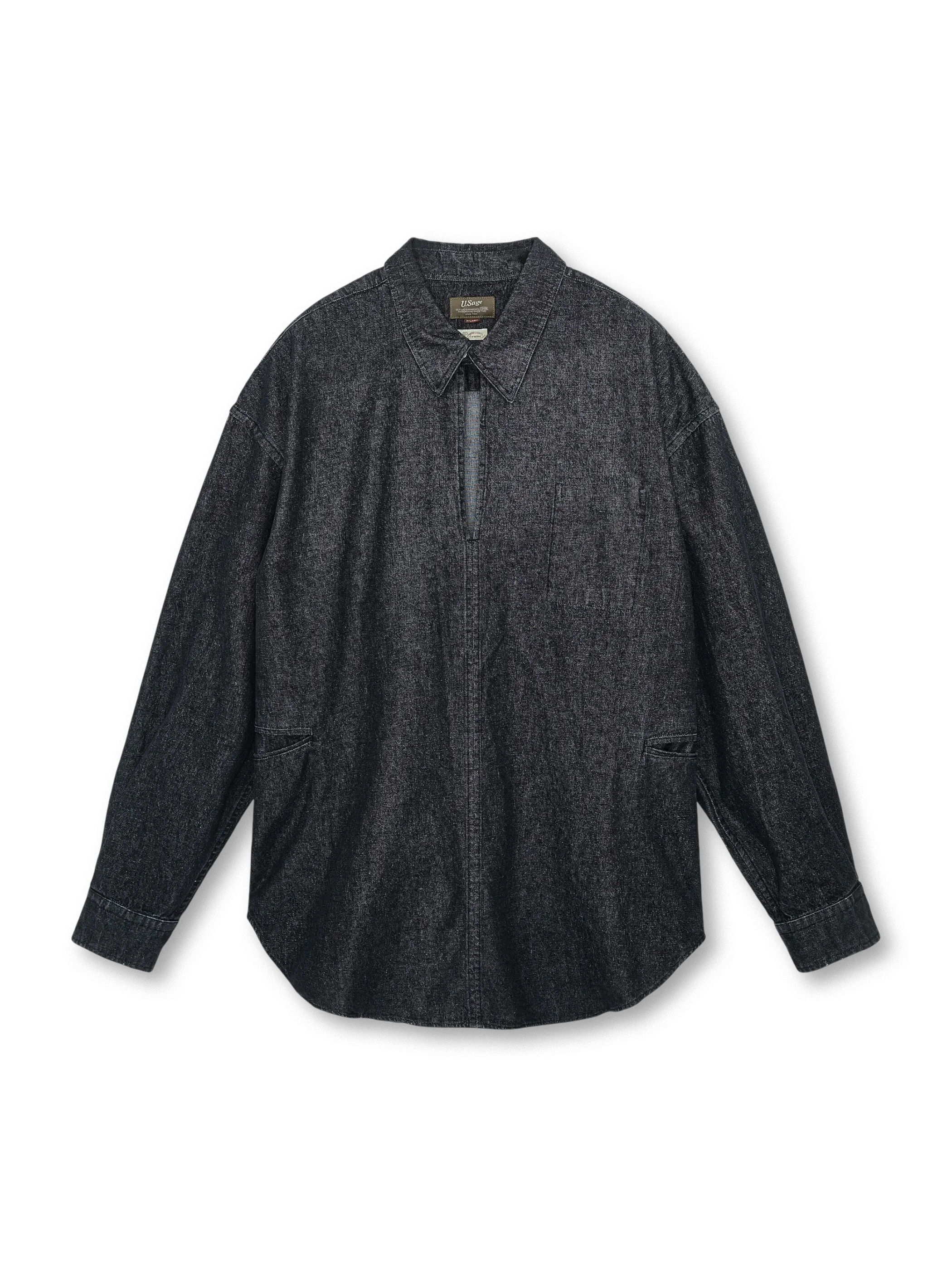 ヴィンテージウォッシュデニムのスキッパーカラー長袖シャツ