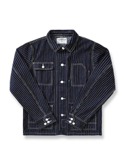 ブルー×ホワイトストライプの13.5ozデニムワークジャケット。真鍮ボタンと多機能ポケット付き。