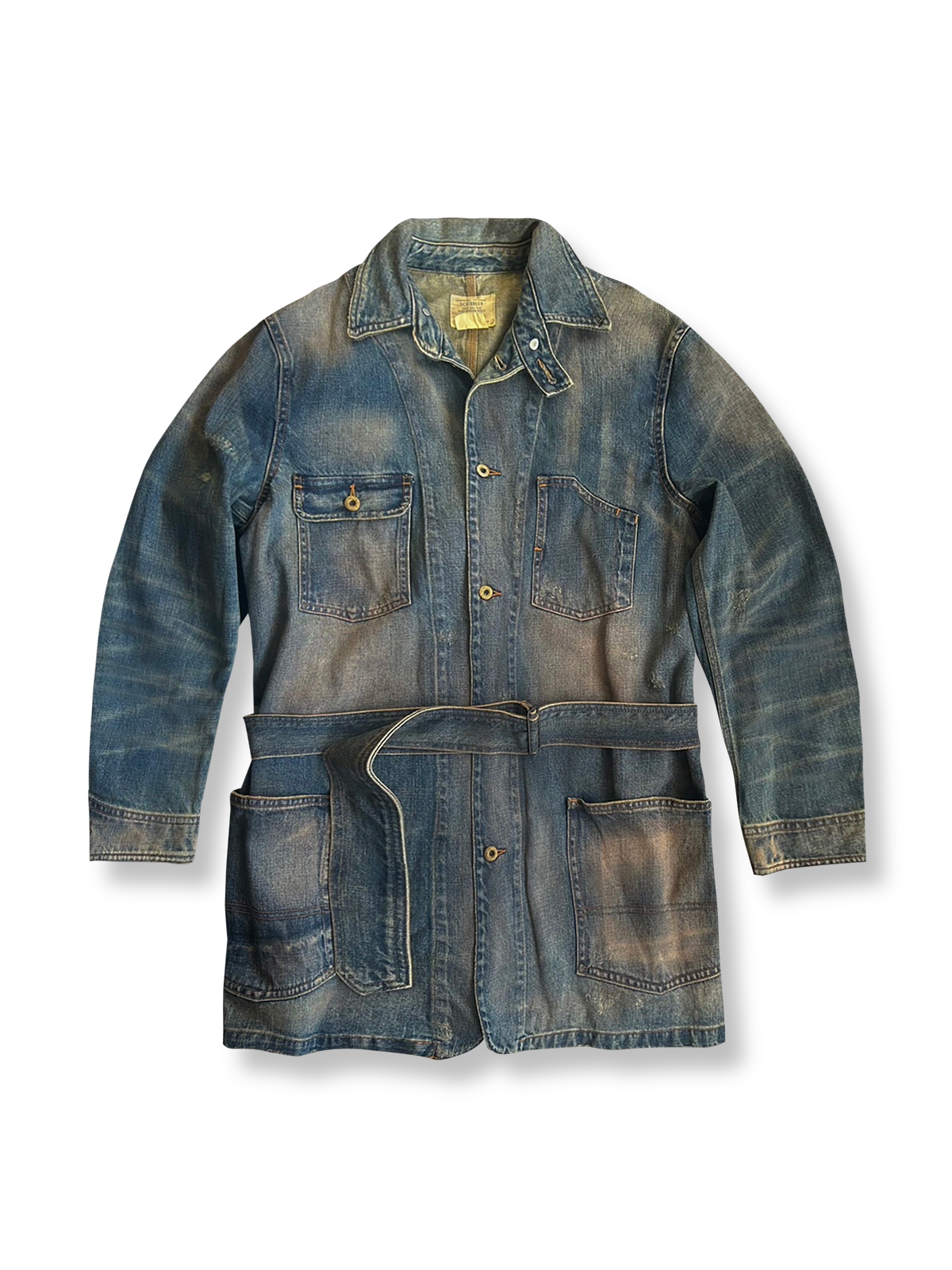 デニムウォッシュ加工ジャケットコート。