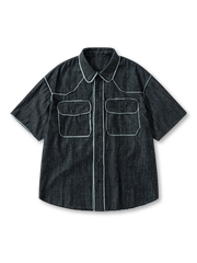 洗い加工による色落ちとほつれステッチが特徴のデニム半袖シャツ