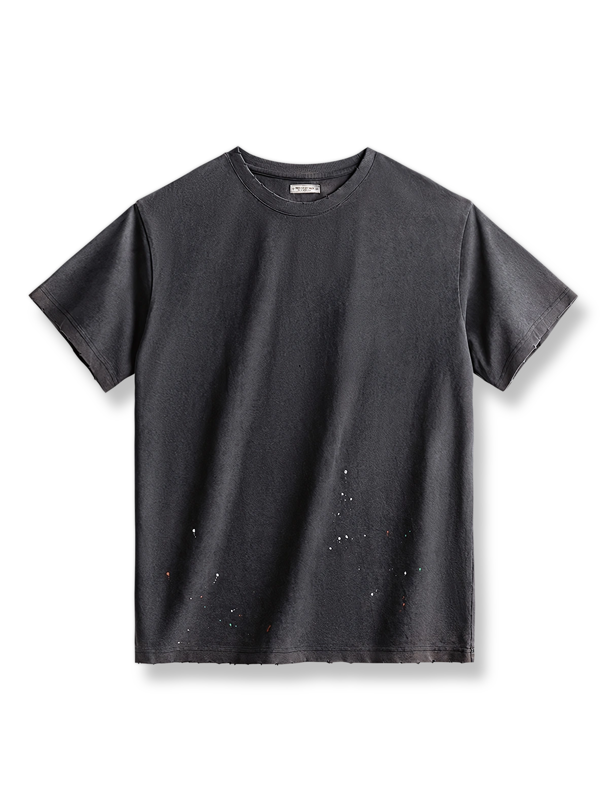 デストロイカットとスプラッシュペイントが施された洗い加工220gコットンTシャツ