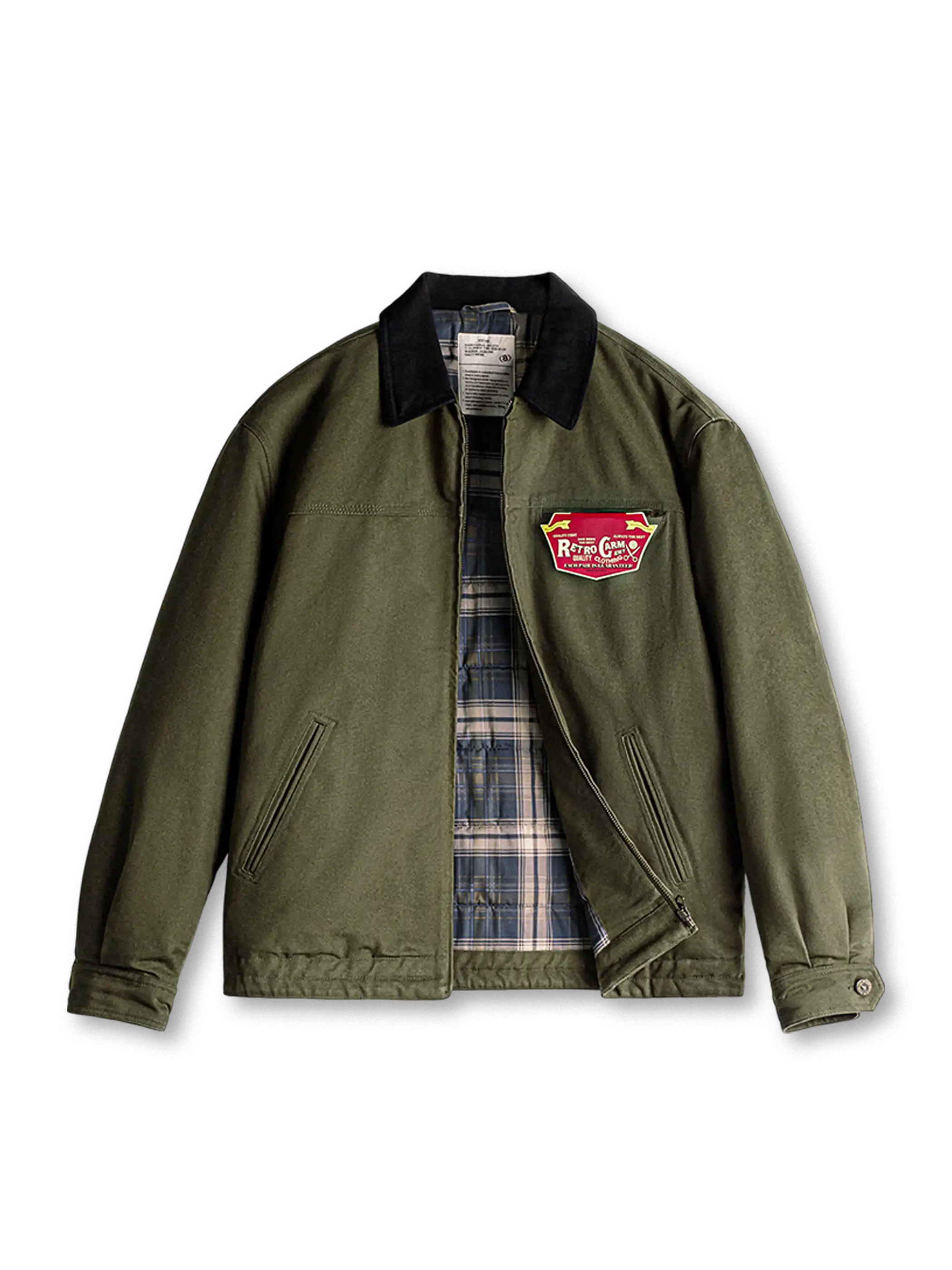 デトロイトジャケット J001型 ヘビーツイル コーデュロイ襟 チェック裏地 防風 厚手アウター アーミーグリーン コーヒーブラウン