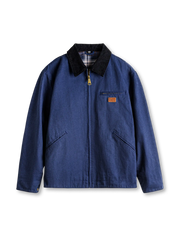 デトロイト型の短丈キャンバスジャケット、コーデュロイ襟、フロントジップ、胸横ポケットと斜めポケット、チェック裏地と裾調整スナップ付き