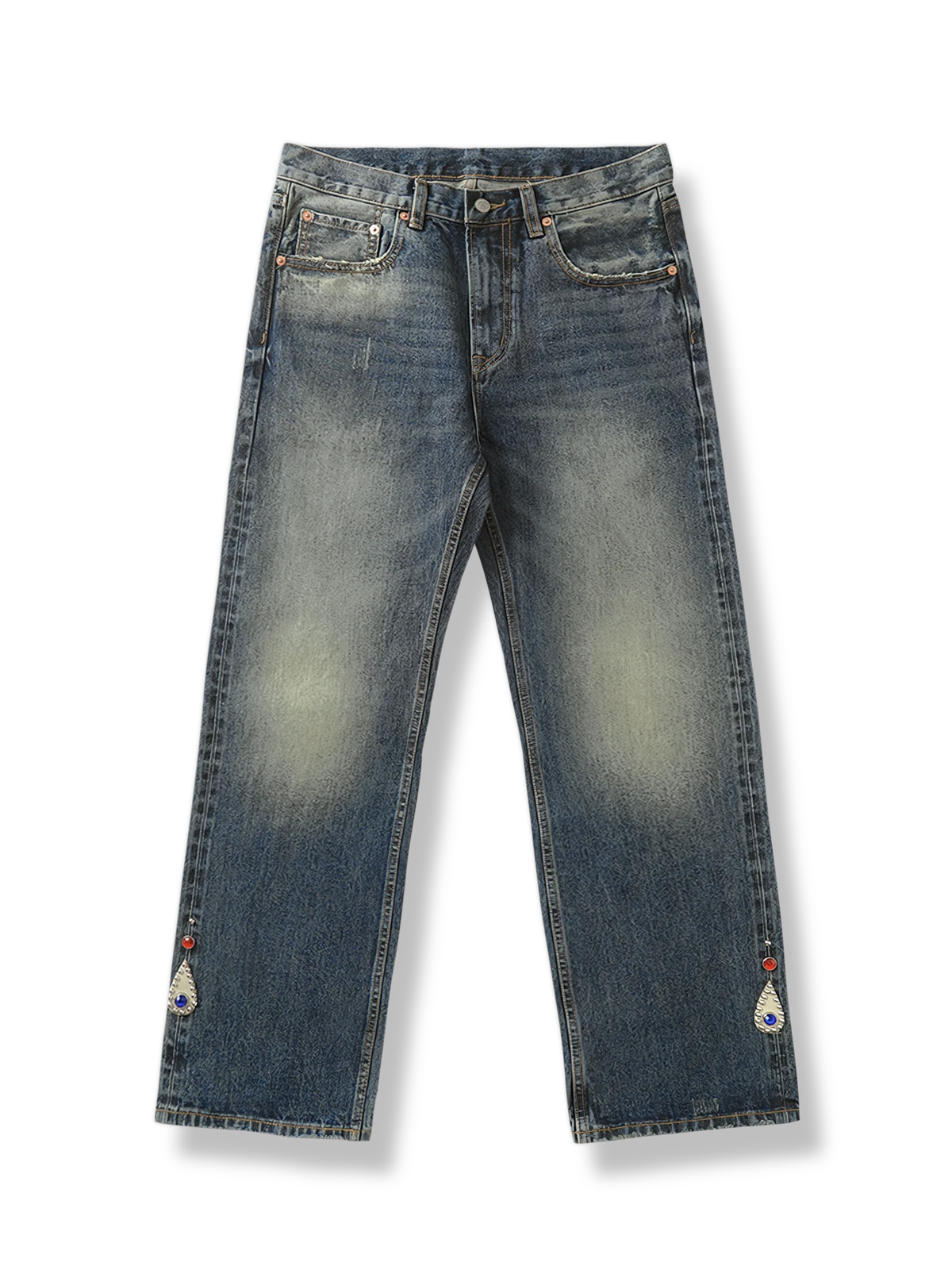 ダイヤ装飾付きレッドスリムフィットジーンズ