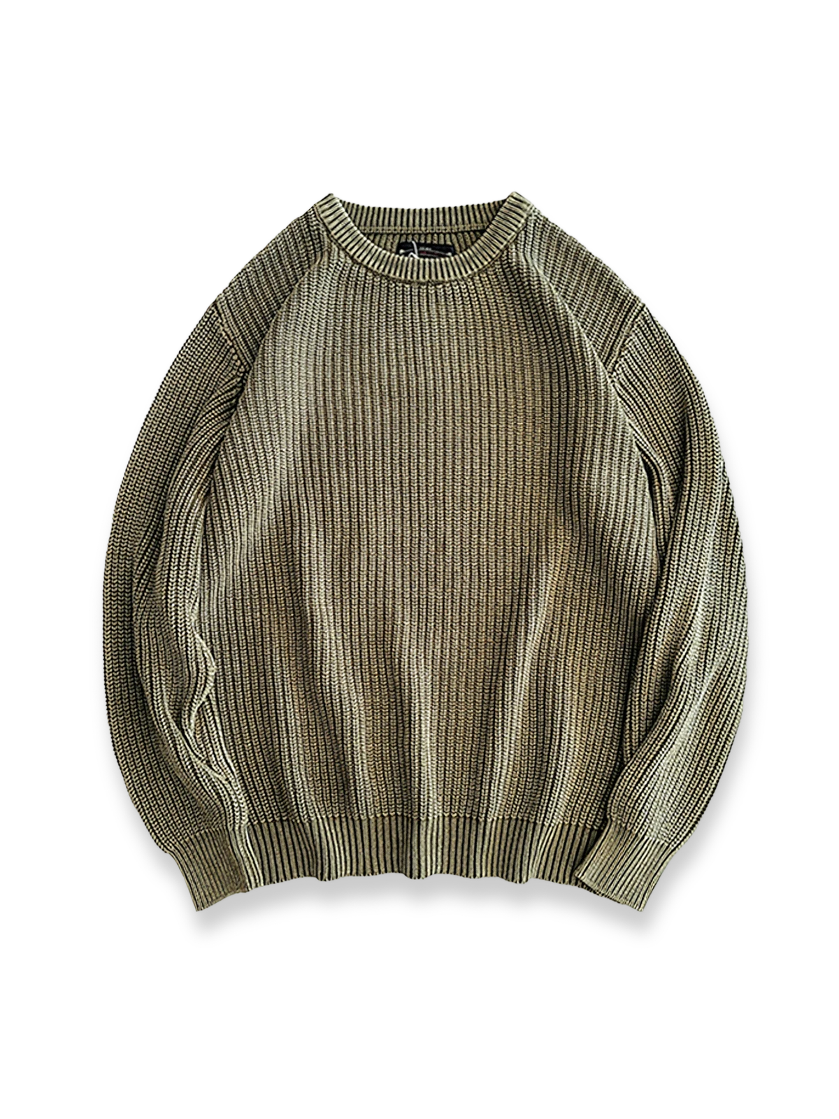 抜染加工と粗編みが特徴のオリーブカラー長袖コットンニットセーター