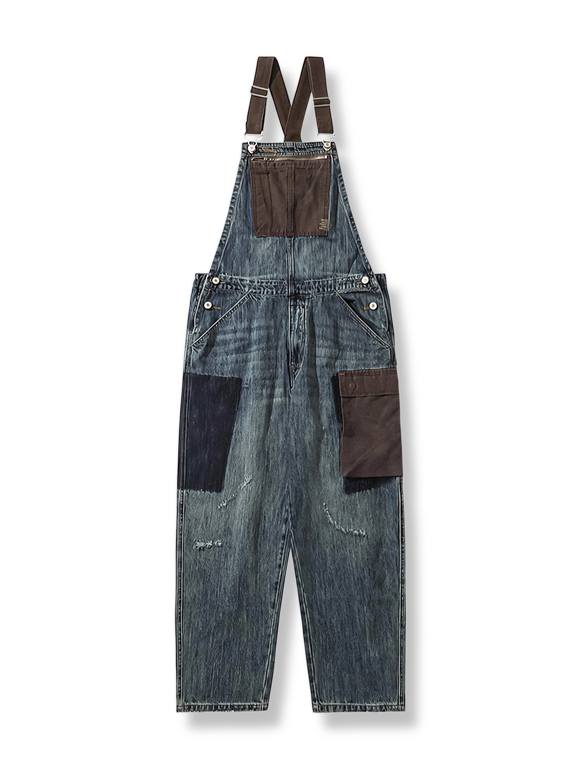 ダメージ加工配色ポケットオーバーオール、サスペンダー取り外し可、ヘビーウェイトコットン、ストリートワークスタイル