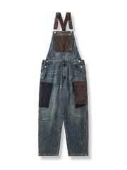 ダメージ加工配色ポケットオーバーオール、サスペンダー取り外し可、ヘビーウェイトコットン、ストリートワークスタイル