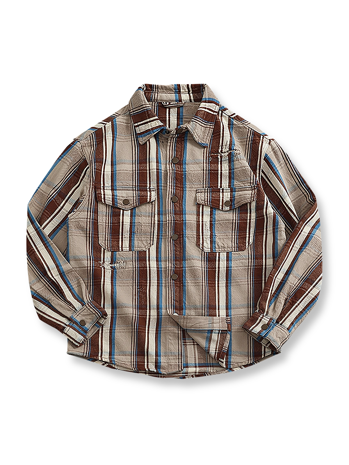 ダメージパッチとクラシックなチェック柄が特徴のアメリカンヴィンテージスタイルシャツ