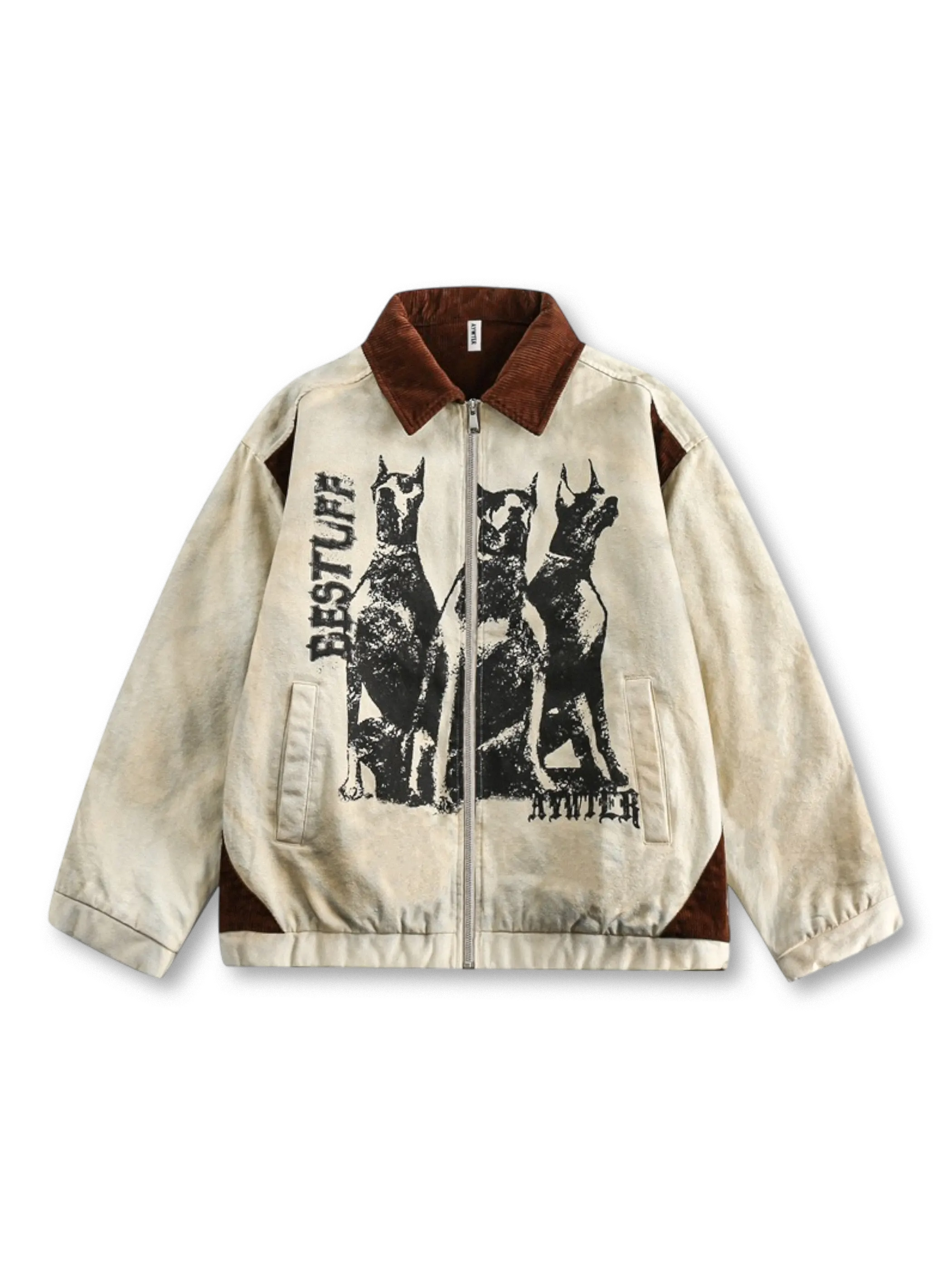 ドーベルマンプリントとコーデュロイラペルが特徴のアメリカンワークウェア風ワークジャケット。ウォッシュ加工による柔らかな着心地とヴィンテージ感が魅力。