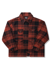 赤・黒・紺のチェック柄で薄手コットン素材のハンティングシャツジャケット。