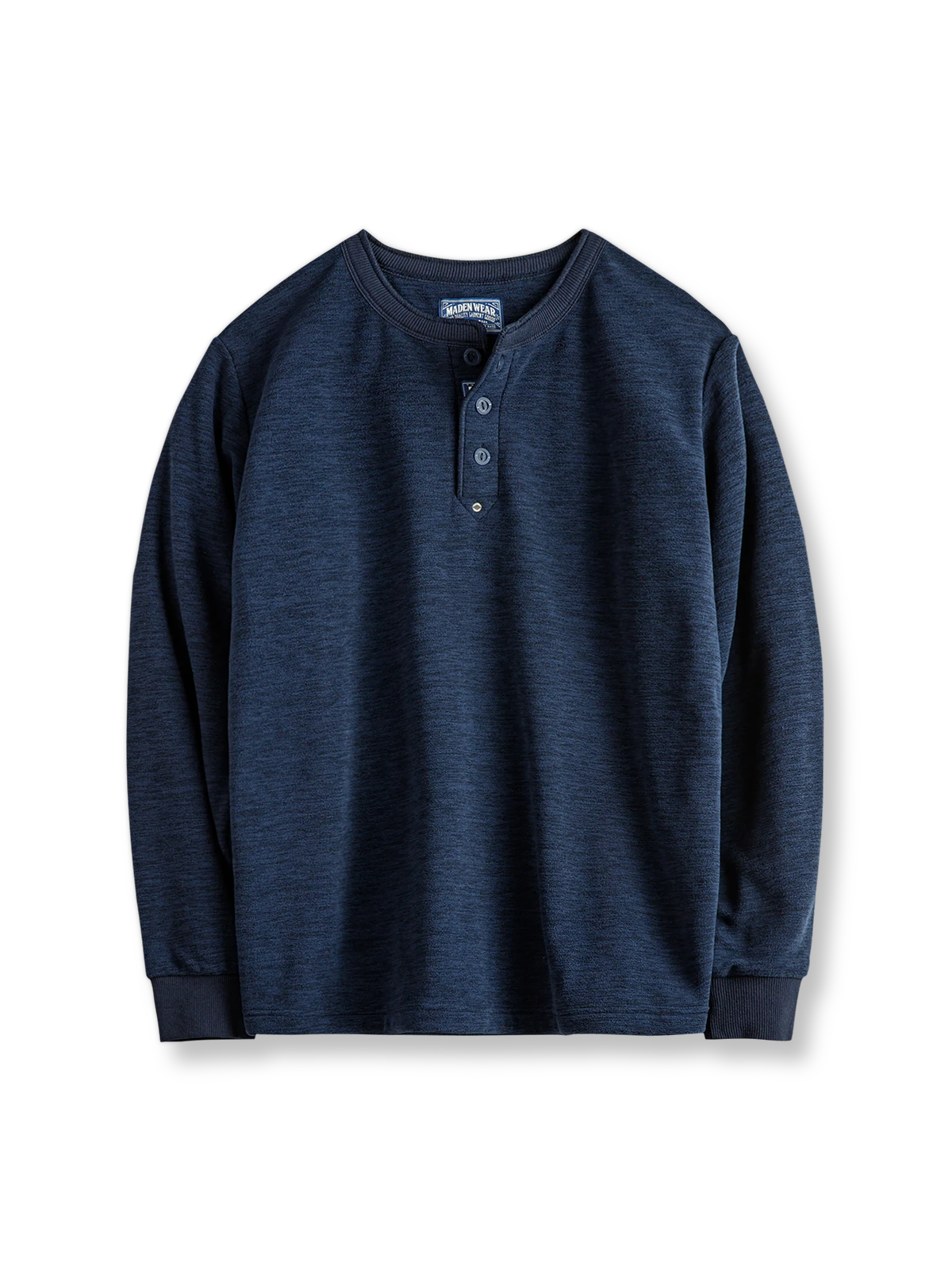 ダブルフリース素材とY字ボタンネックが特徴のヘンリーネック長袖Tシャツ。