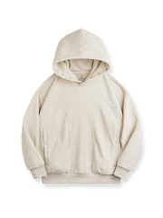 ダブルフリース素材とスナップボタンフードが特徴のプルオーバーパーカー。