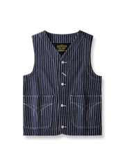 抜染ストライプと二重構造が特徴のヴィンテージワークベスト