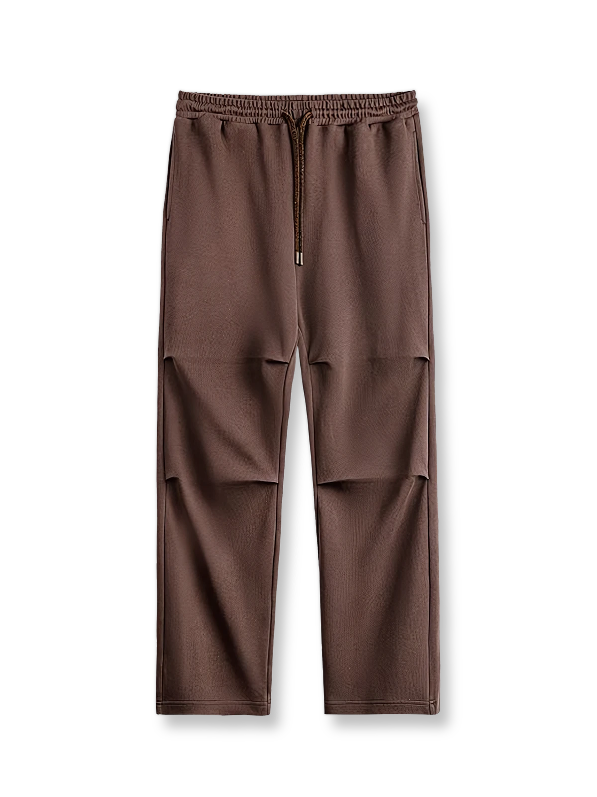 膝にダブルプリーツとシルキードレープを施したコットンポリエステル混紡のパラトルーパーパンツ。調整ゴムウエストとゆったりシルエットを特徴とするアイテム。