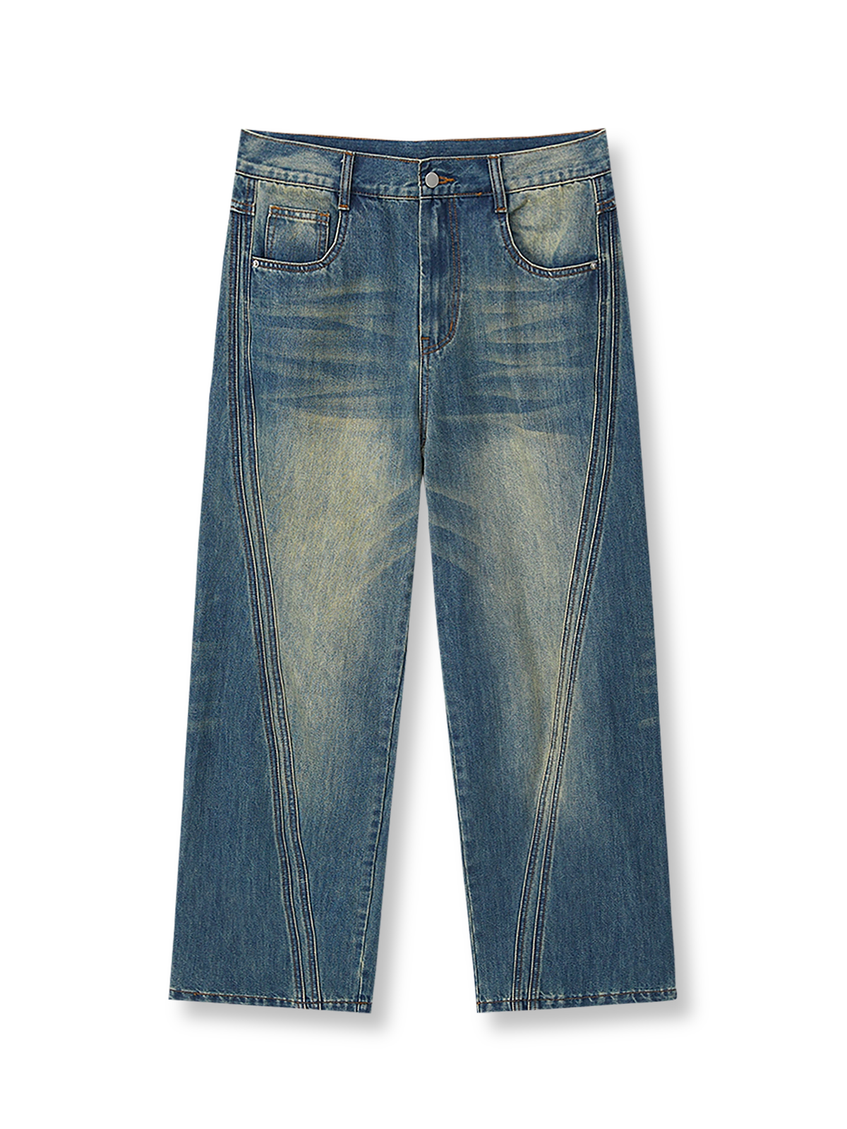 ダブルトラックアーチカットとウォッシュド加工が特徴のストレートフィットデニムパンツの全体像。