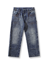 両膝クラッシュ加工セルビッジデニムワイドパンツ