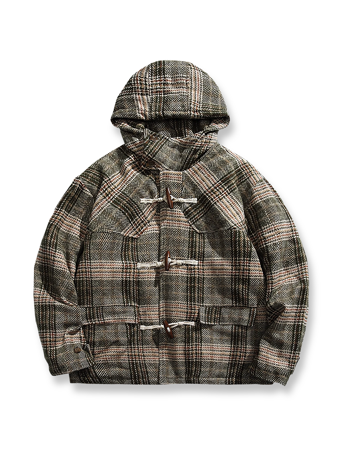 チェック柄とダッフルボタンが特徴のフード付き中綿ジャケット
