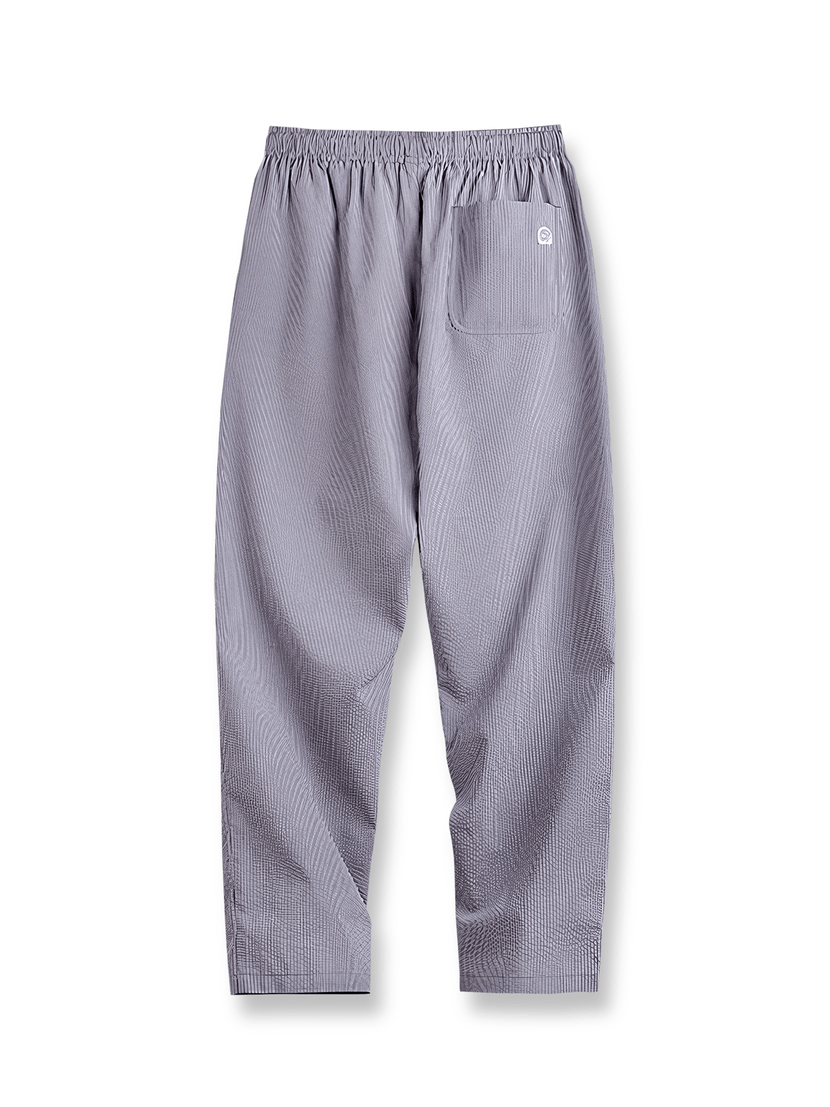 Easypantsシアサッカーストライプカジュアルパンツ全体展示、軽量生地と外側ドローストリングデザインを示す。