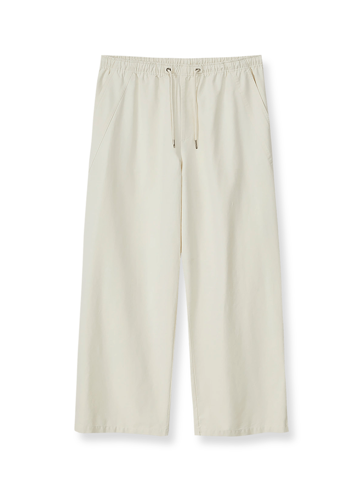 ウエストゴムとヴィンテージ風ポケットが特徴のコットンストレートパンツの全体像。