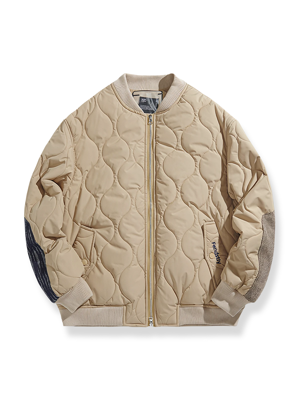 肘パッチ付きの刺繍キルティング中綿ジャケット