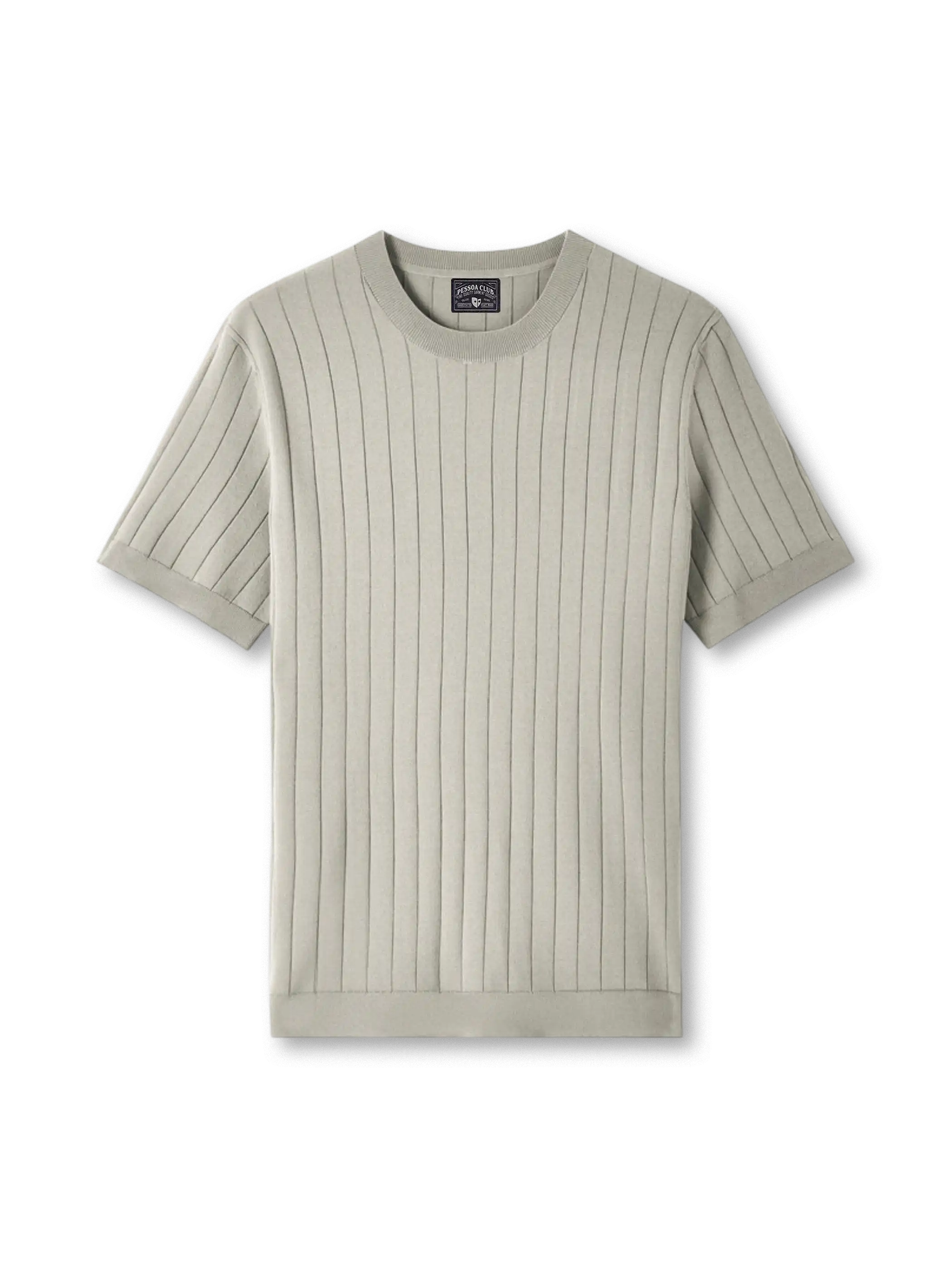 ELITEXリブニットショートスリーブTシャツの全身ビュー、立体的なリブ編みと滑らかな光沢を強調。