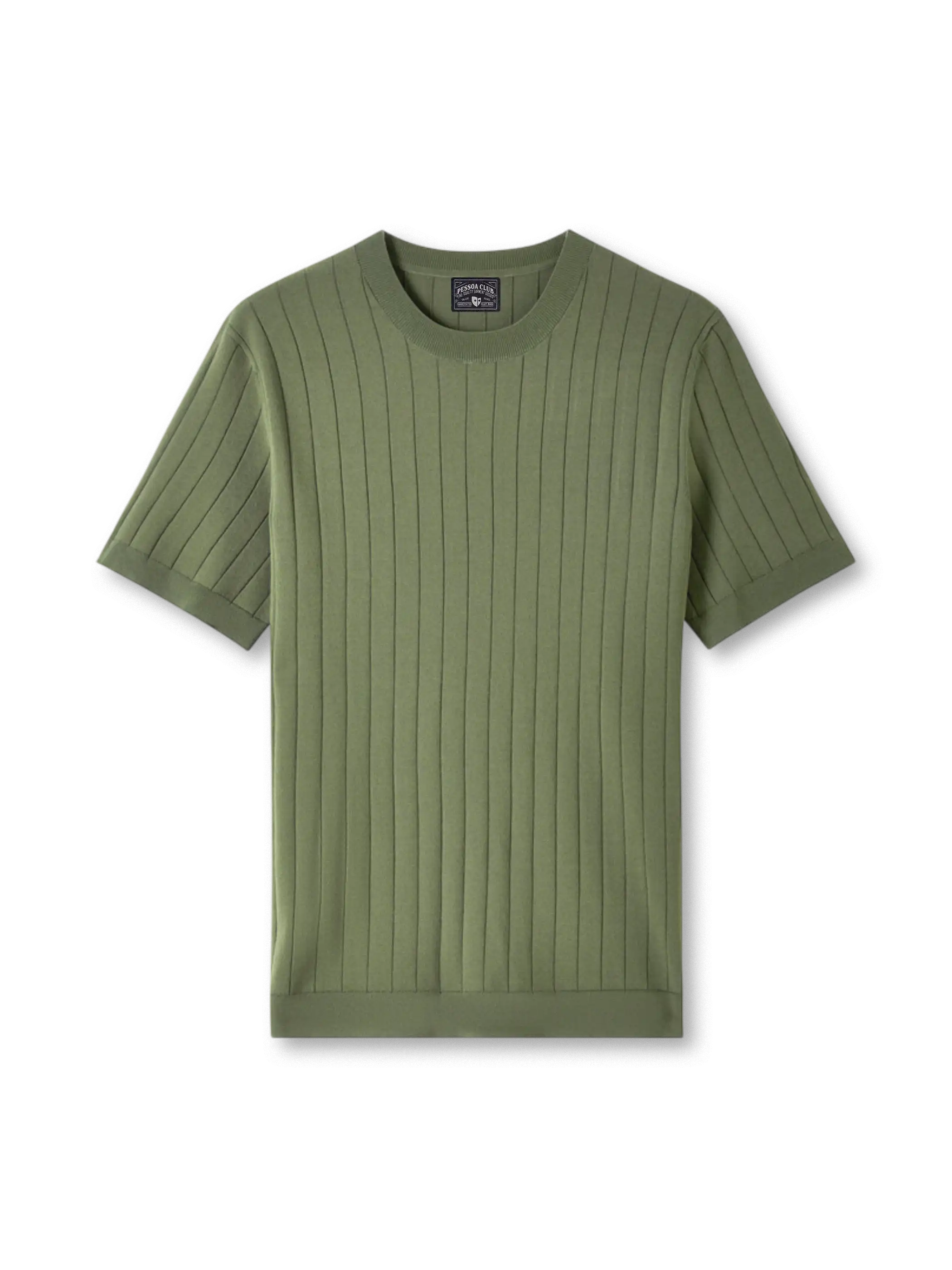 ELITEXリブニットショートスリーブTシャツの全身ビュー、立体的なリブ編みと滑らかな光沢を強調。