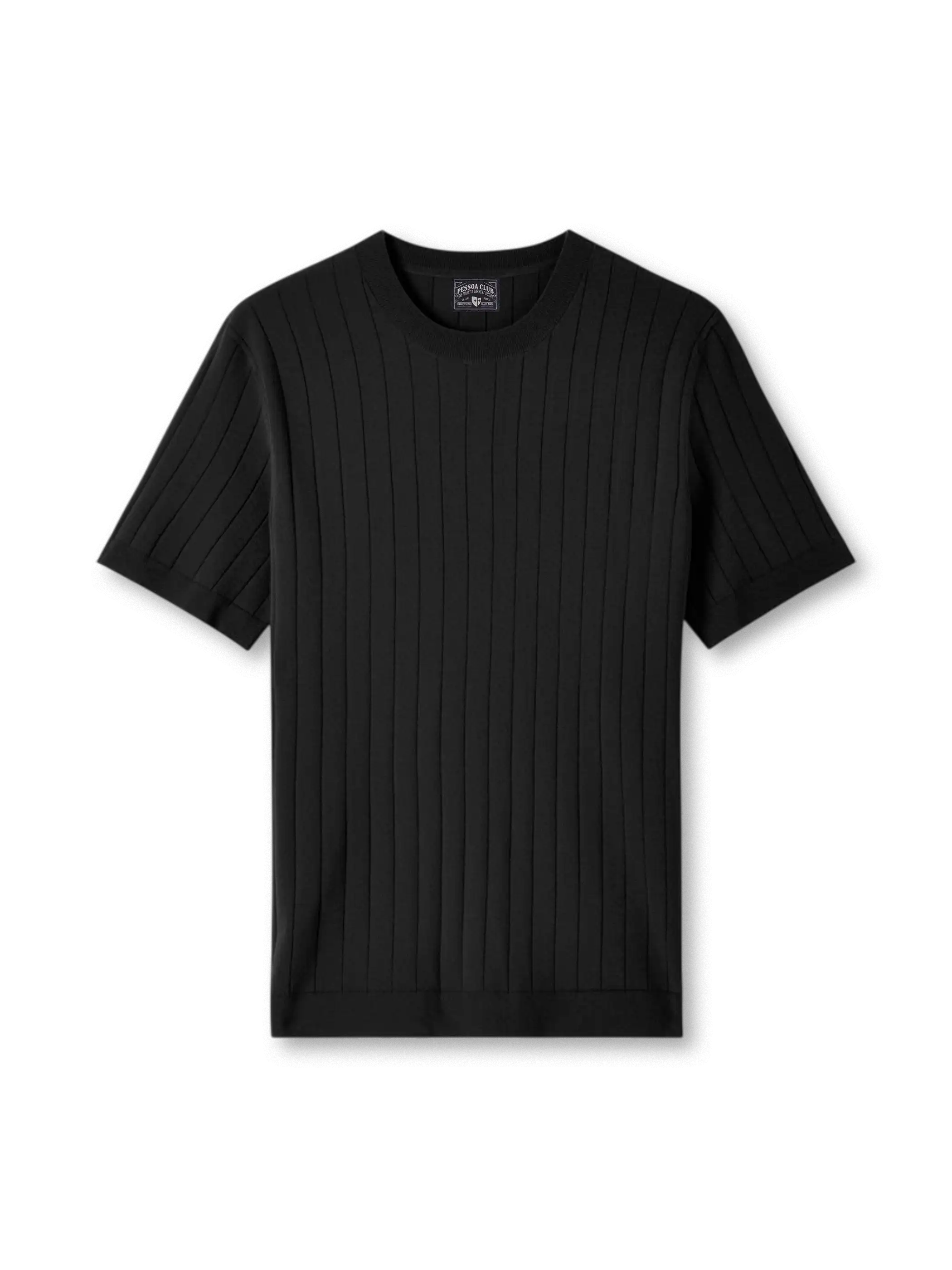 ELITEXリブニットショートスリーブTシャツの全身ビュー、立体的なリブ編みと滑らかな光沢を強調。