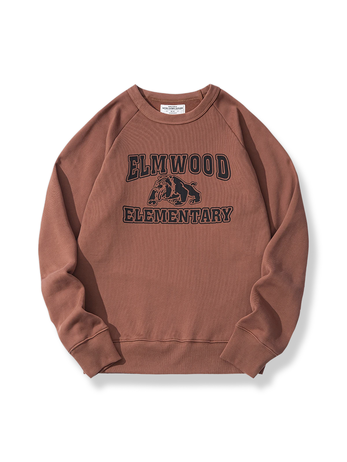 エルムウッド小学校のバッジとマスコットが胸にプリントされたラグランスリーブスウェットの画像