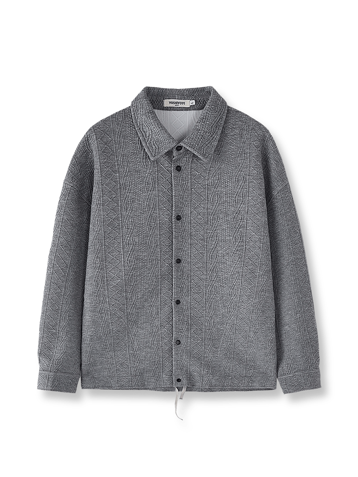 エンボス加工による立体的な凹凸とドローストリング裾が特徴の厚手ポリエステルニット長袖シャツの全体像。