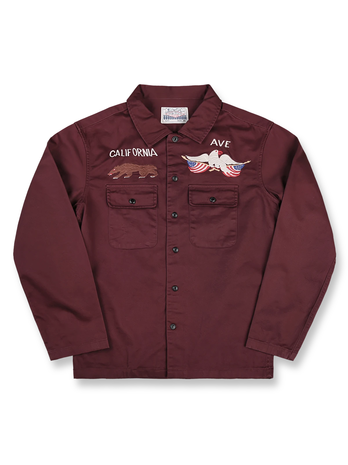 襟付き厚手キャンバスシャツの全体正面画像、カリフォルニア&ペリグー刺繍ディテール。