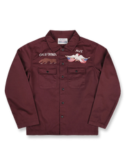 襟付き厚手キャンバスシャツの全体正面画像、カリフォルニア&ペリグー刺繍ディテール。