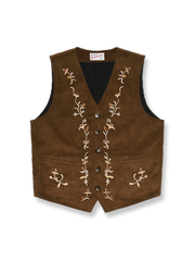 コーデュロイとデニム切替のワークベストに西部風コットン刺繍と純銅バックルを配したヴィンテージスタイルアイテム。