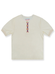 ネックラインの刺繍が映えるダブルコットンヘンリーネック半袖シャツ