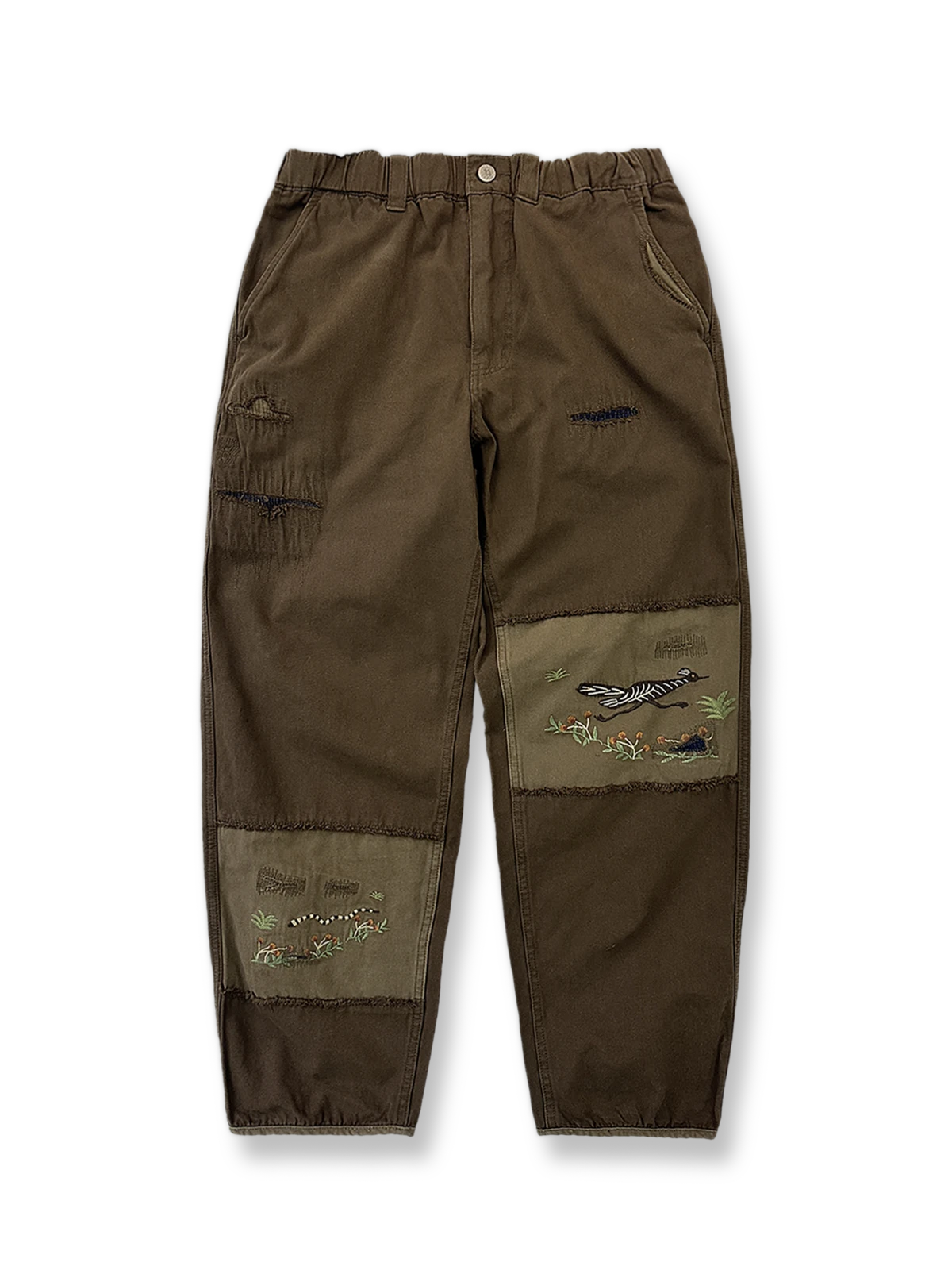 刺繍パッチワークが施されたコットンキャンバススラックス